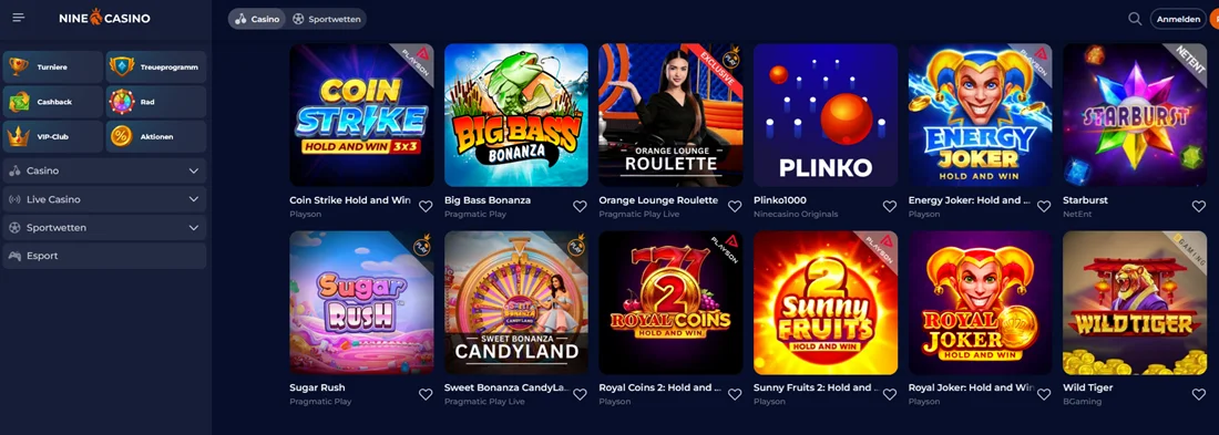 Spieleauswahl Nine Casino