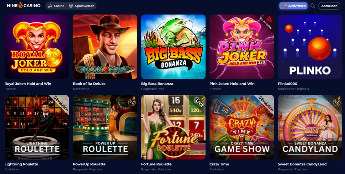 Bonus Rad mit beliebten Spielen Nine Casino